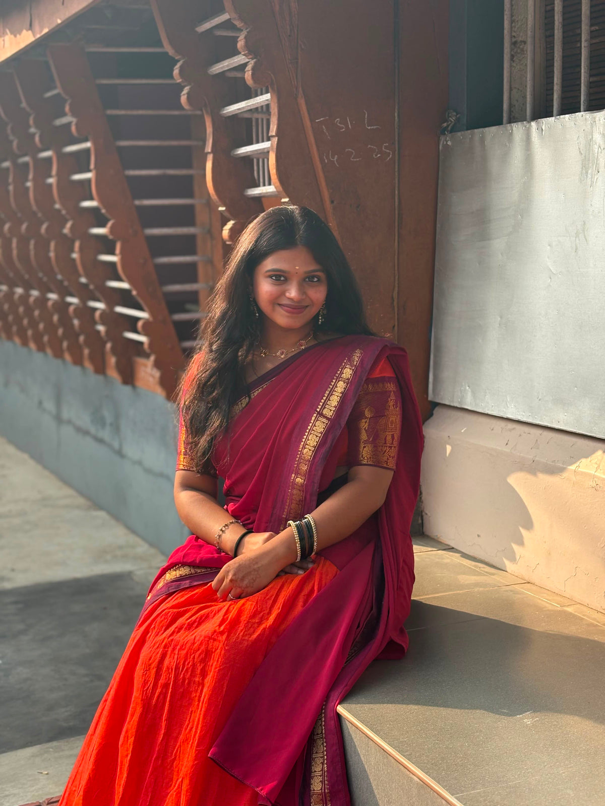 Red Orange Combo Half Saree Pavadai Dhavani