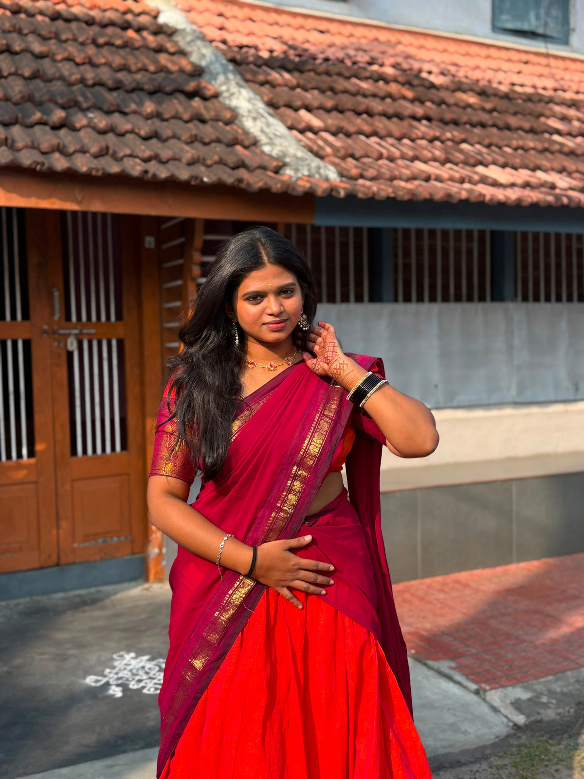 Red Orange Combo Half Saree Pavadai Dhavani