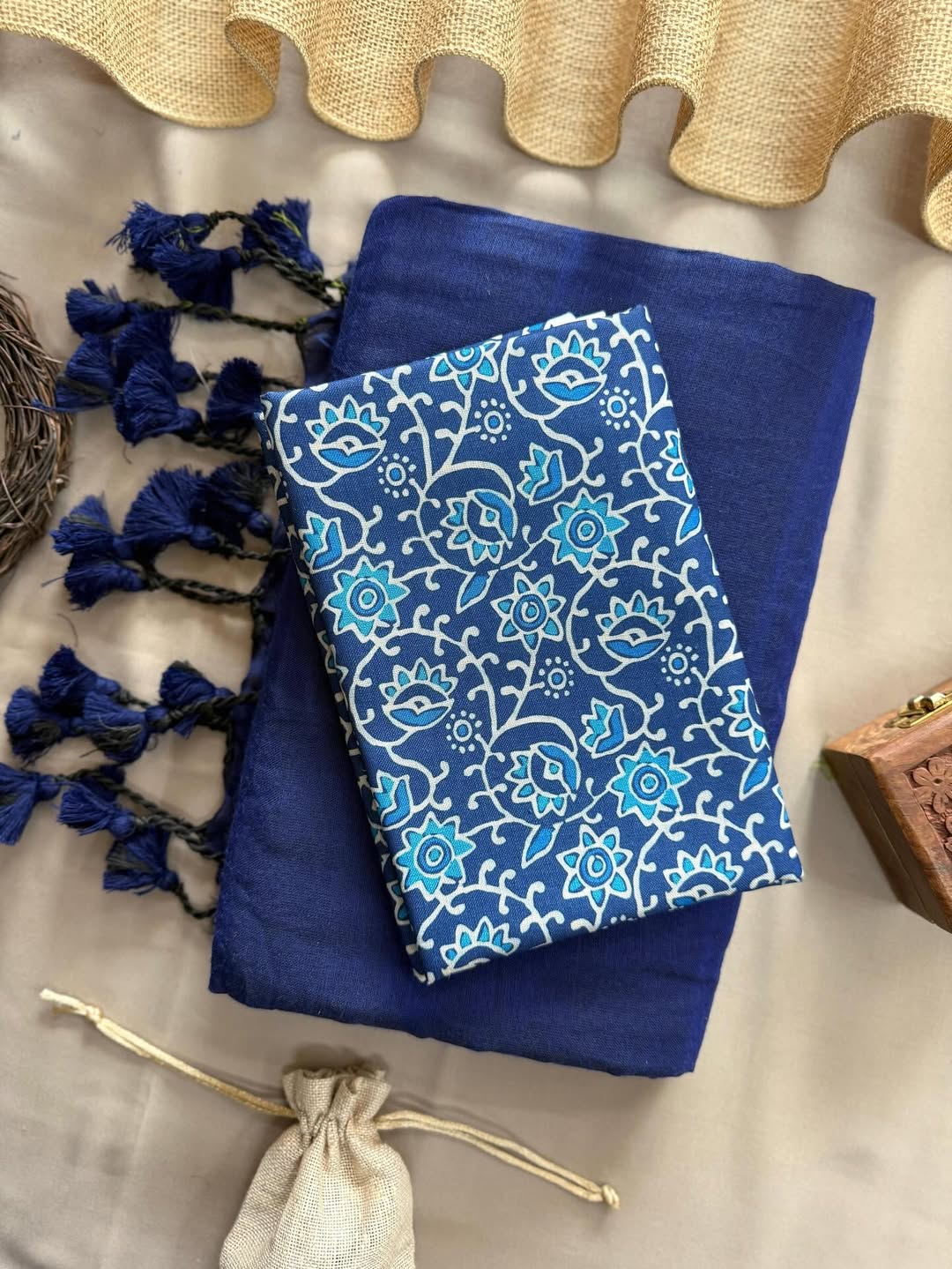 KHADI COTTON SAREE WITH PRINTED COTTON BLOUSE