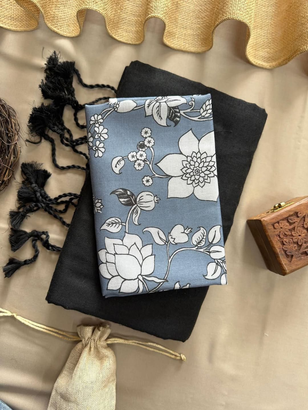 KHADI COTTON SAREE WITH PRINTED COTTON BLOUSE