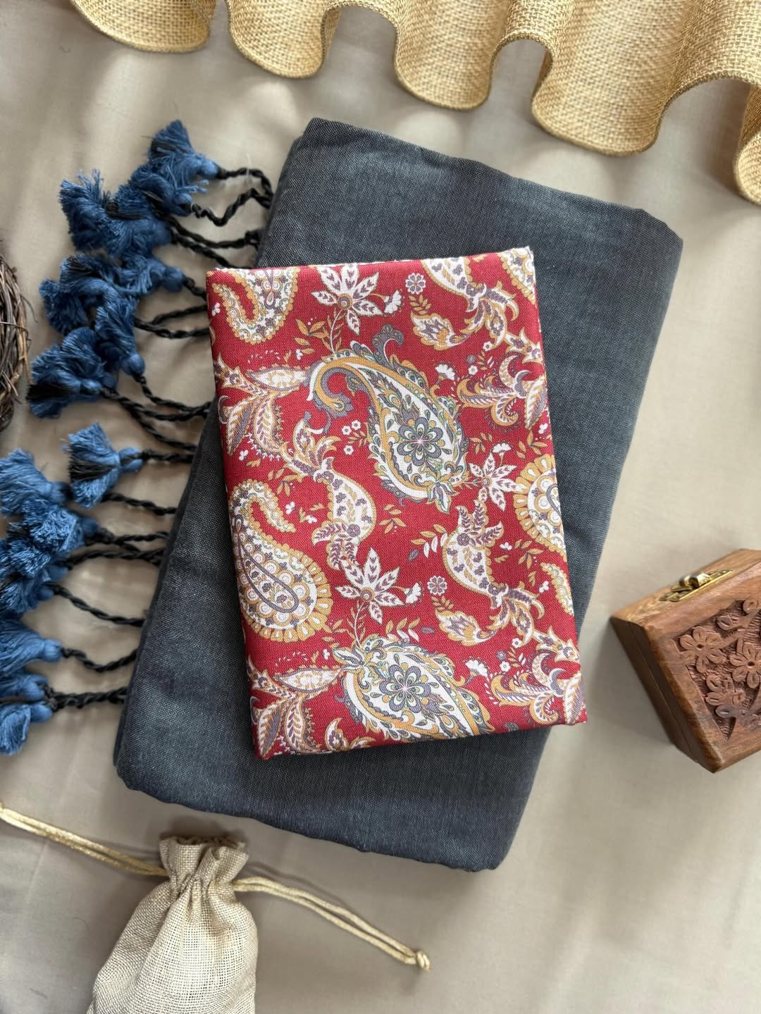 KHADI COTTON SAREE WITH PRINTED COTTON BLOUSE