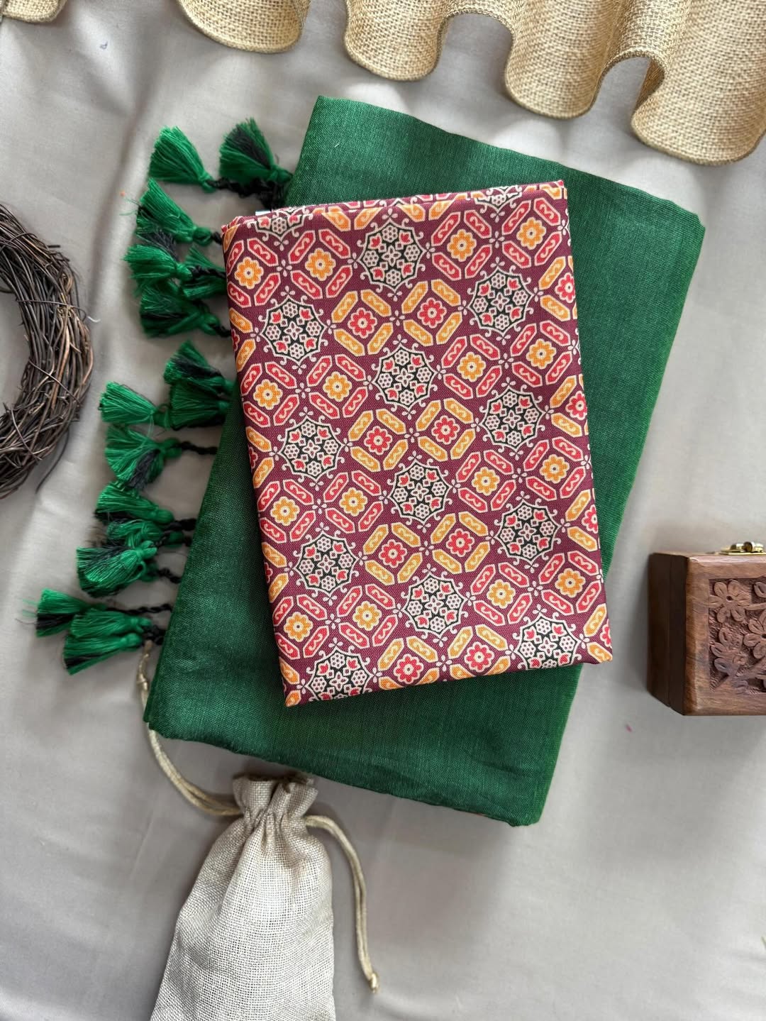 KHADI COTTON SAREE WITH PRINTED COTTON BLOUSE