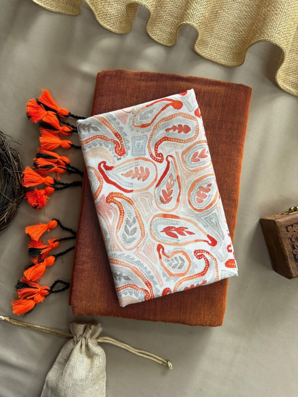 KHADI COTTON SAREE WITH PRINTED COTTON BLOUSE