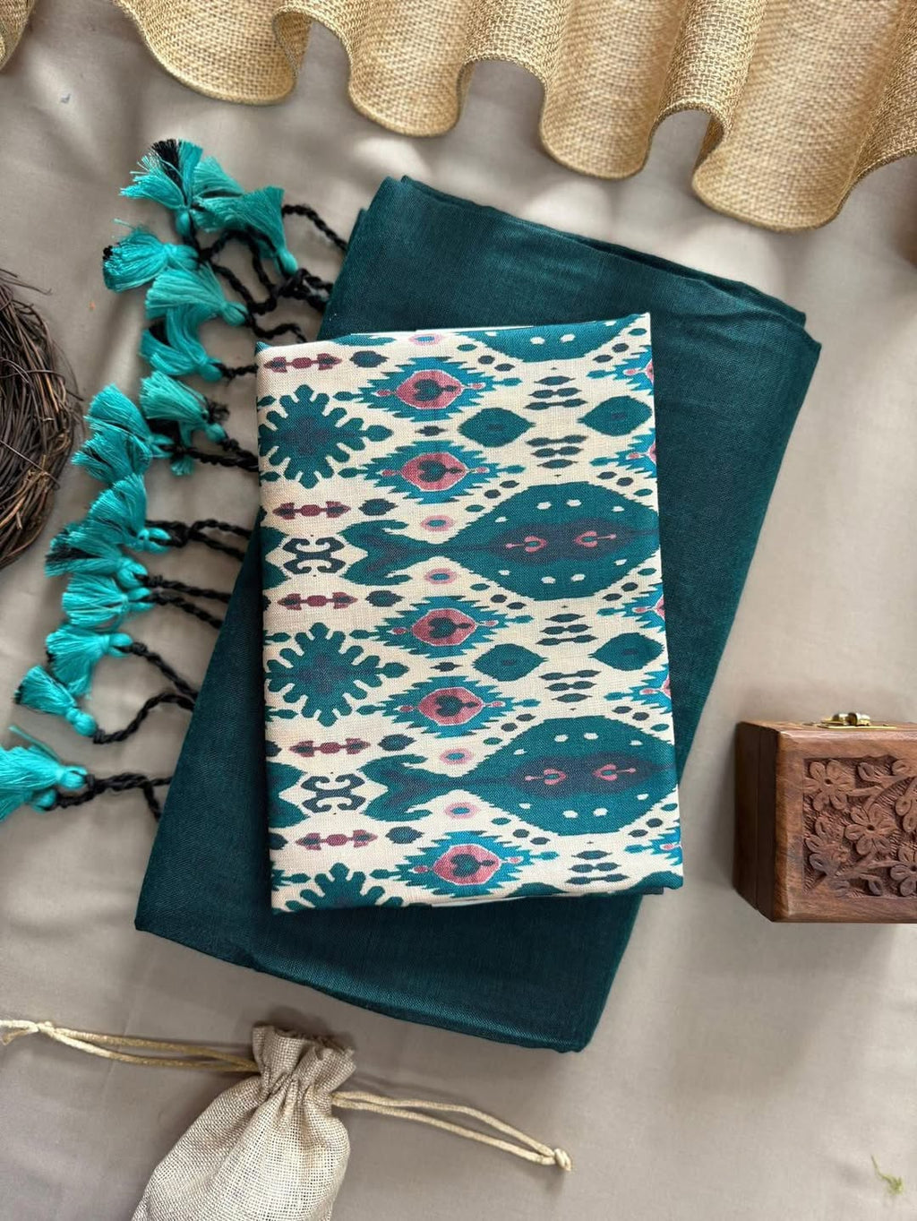 KHADI COTTON SAREE WITH PRINTED COTTON BLOUSE