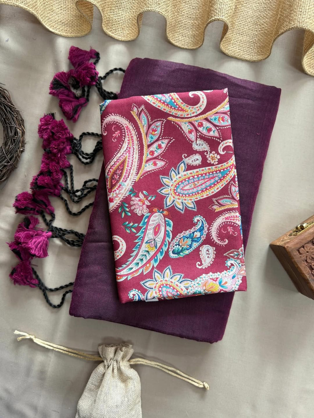 KHADI COTTON SAREE WITH PRINTED COTTON BLOUSE