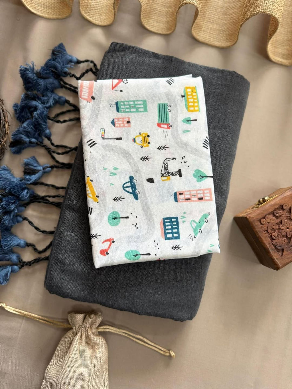 KHADI COTTON SAREE WITH PRINTED COTTON BLOUSE