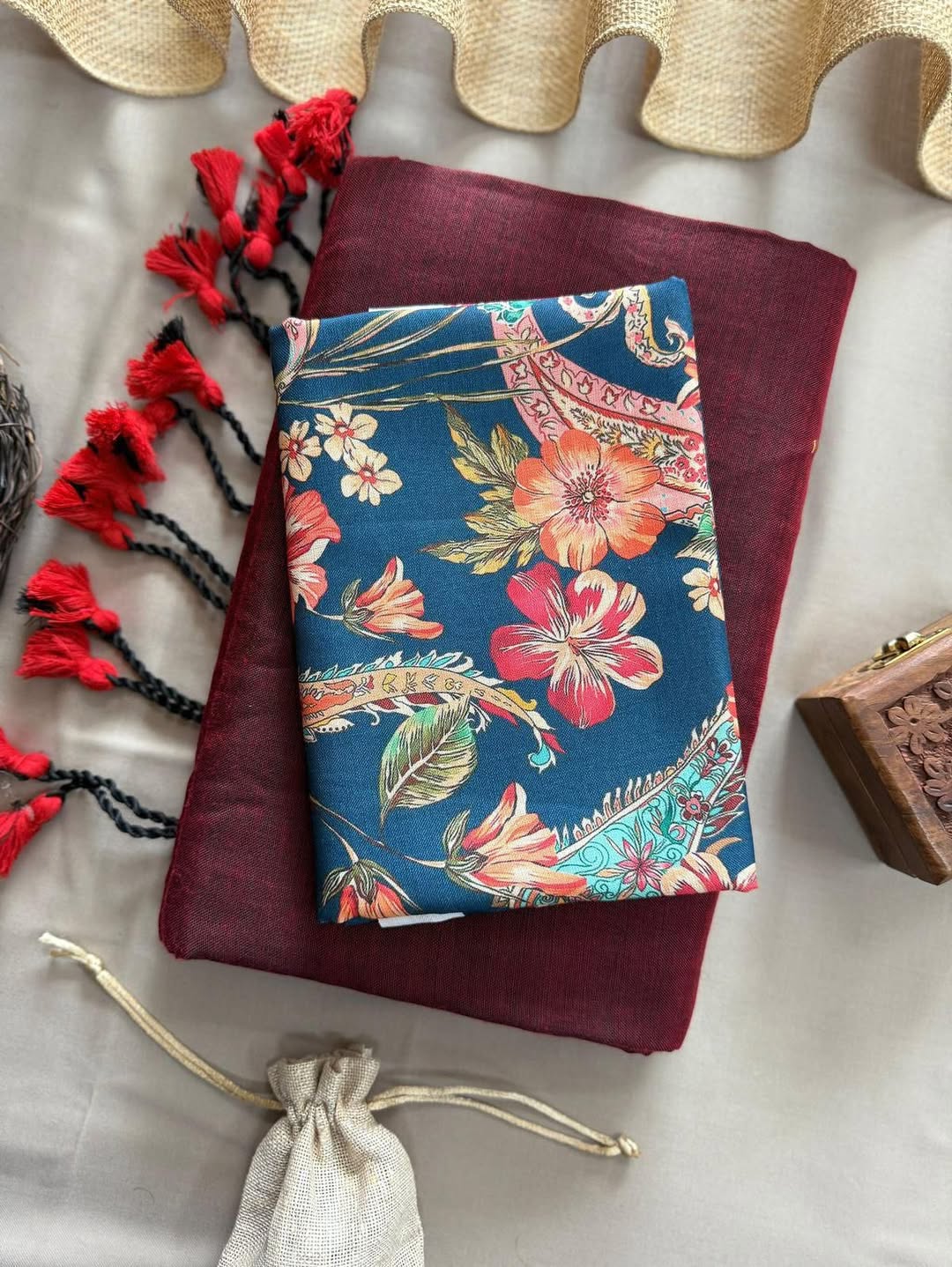 KHADI COTTON SAREE WITH PRINTED COTTON BLOUSE