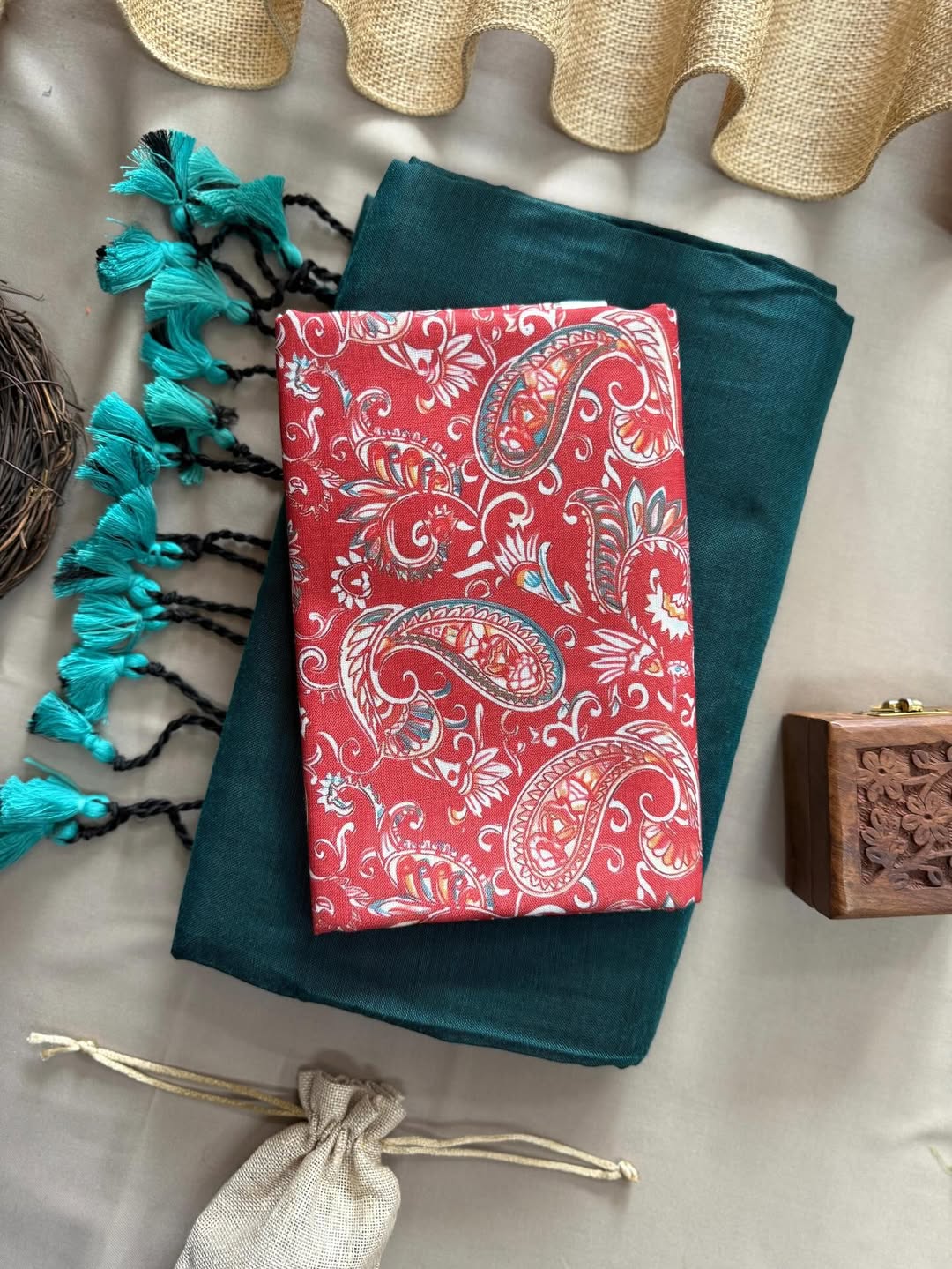 KHADI COTTON SAREE WITH PRINTED COTTON BLOUSE