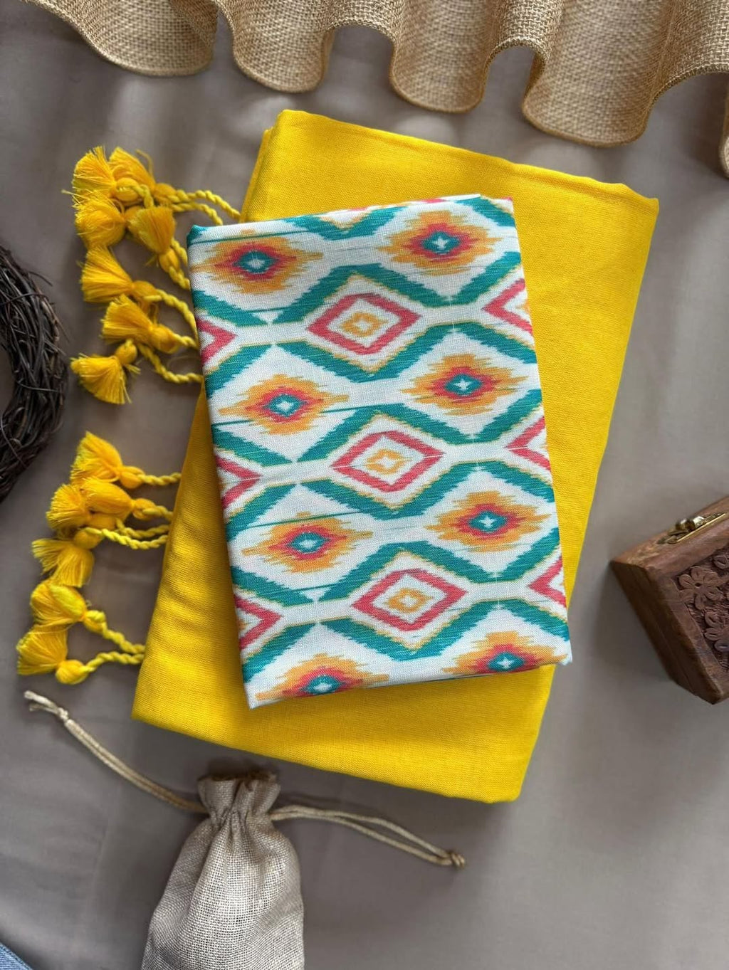 KHADI COTTON SAREE WITH PRINTED COTTON BLOUSE