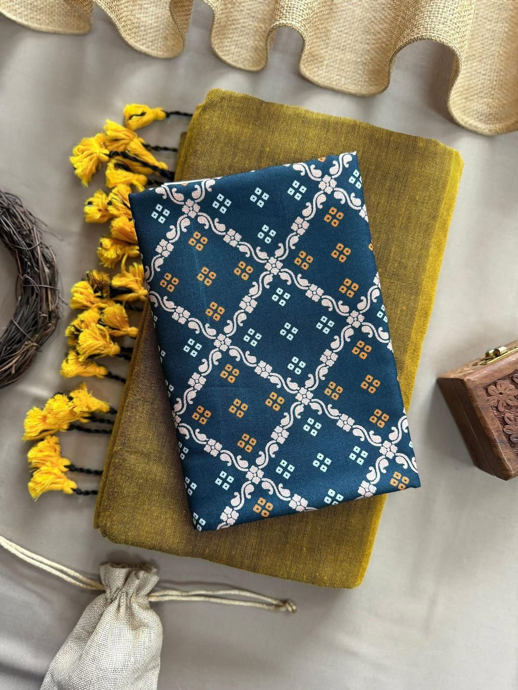KHADI COTTON SAREE WITH PRINTED COTTON BLOUSE
