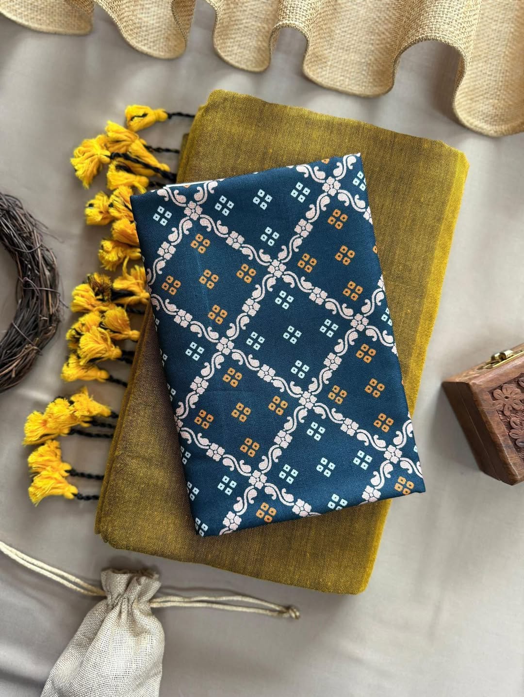 KHADI COTTON SAREE WITH PRINTED COTTON BLOUSE