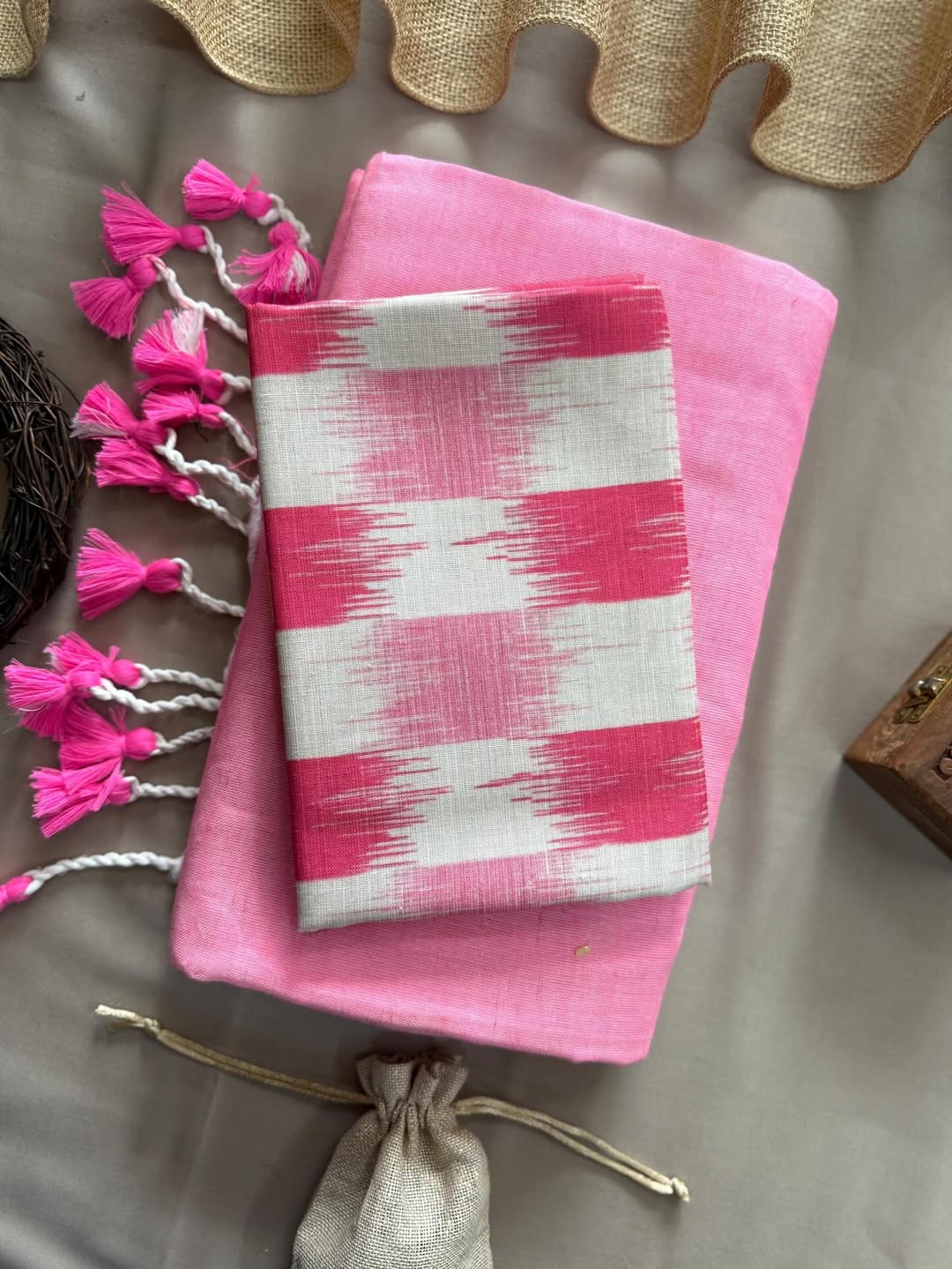 KHADI COTTON SAREE WITH PRINTED COTTON BLOUSE