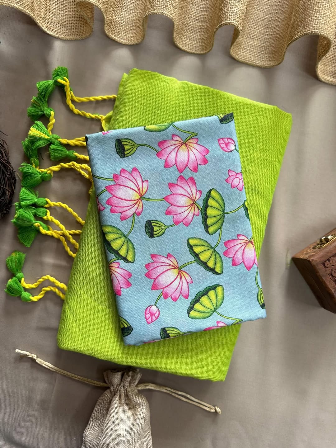 KHADI COTTON SAREE WITH PRINTED COTTON BLOUSE