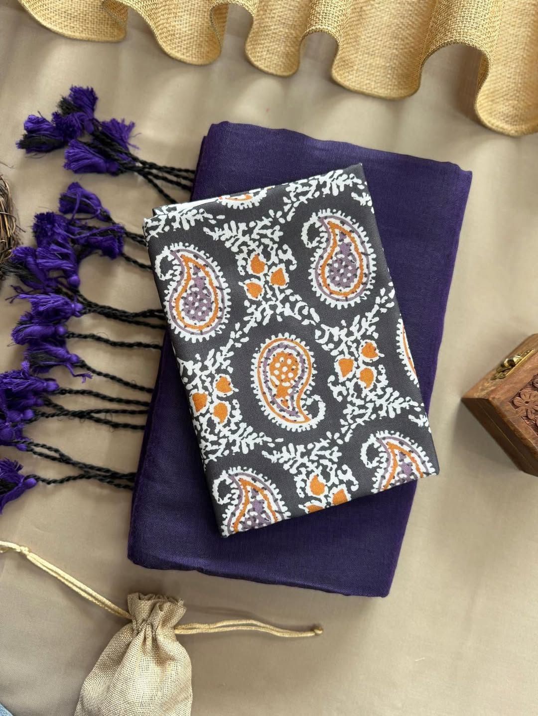 KHADI COTTON SAREE WITH PRINTED COTTON BLOUSE