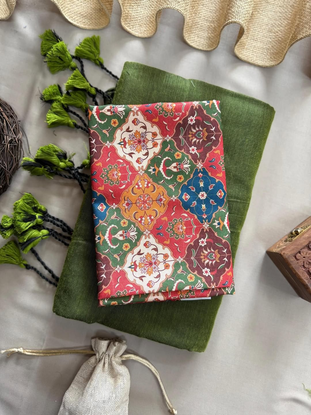 KHADI COTTON SAREE WITH PRINTED COTTON BLOUSE