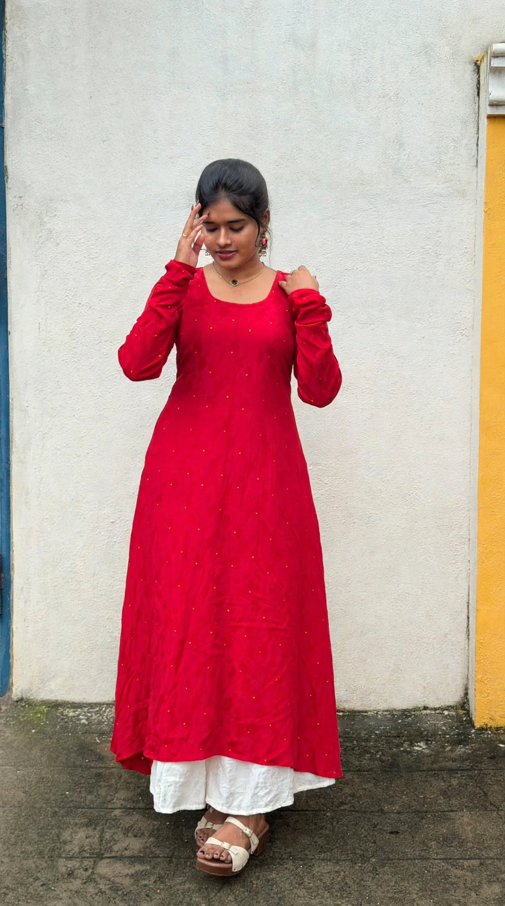 Anika - Red Natural Crepe with Jacquard Butti Anarkali