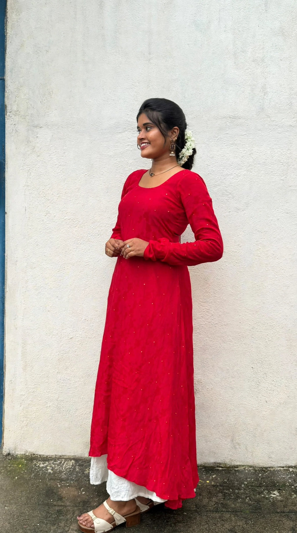 Anika - Red Natural Crepe with Jacquard Butti Anarkali