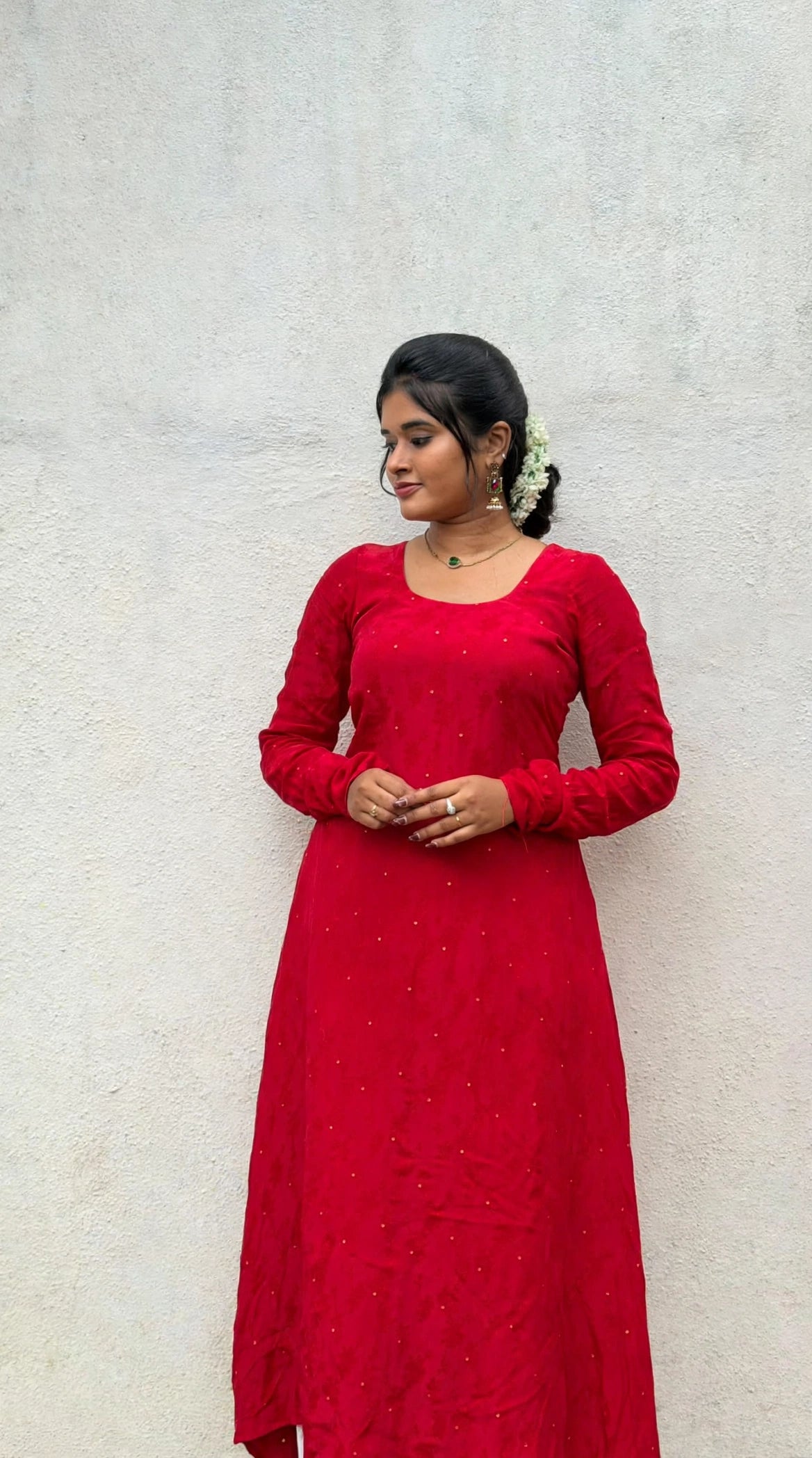 Anika - Red Natural Crepe with Jacquard Butti Anarkali