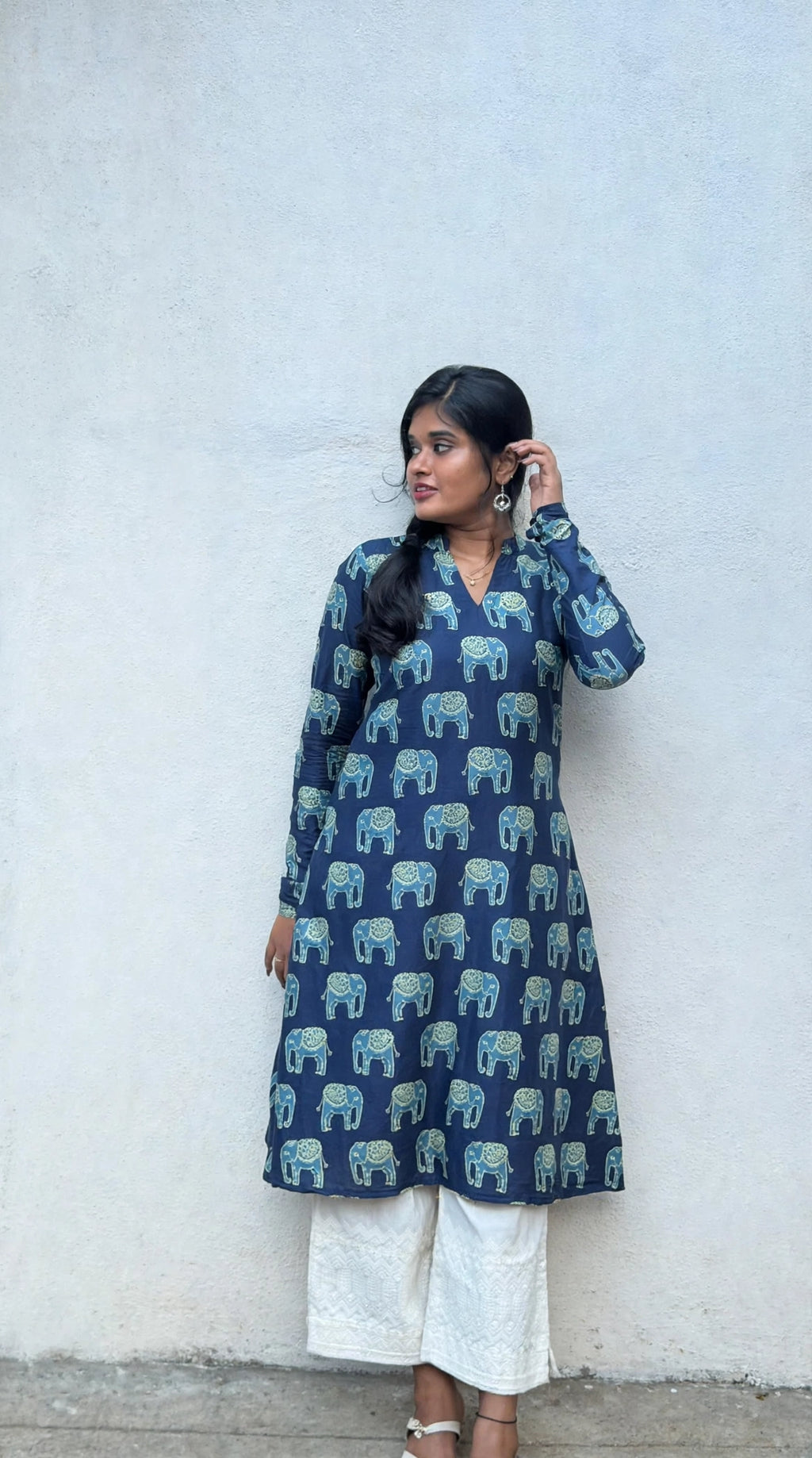 Neelika - Blue Elephant Print Jaipur Cotton A-Line Kurta