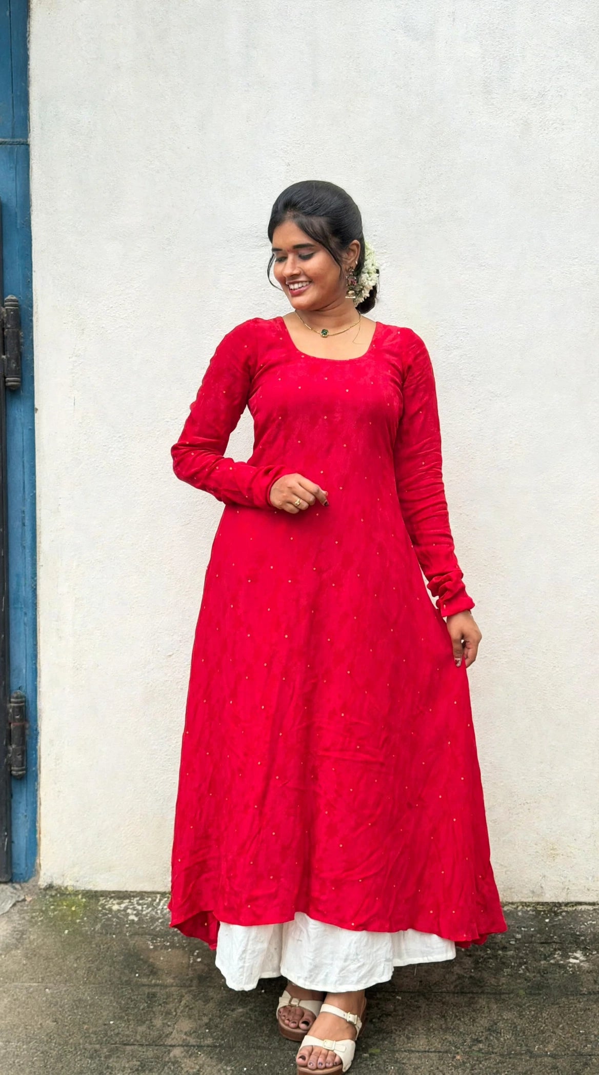 Anika - Red Natural Crepe with Jacquard Butti Anarkali