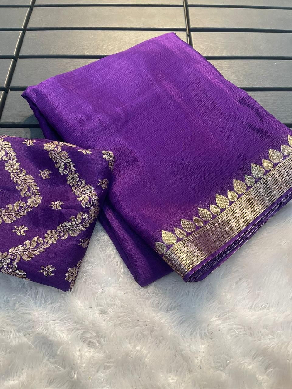 CHINON CHIFFON ZARI WEAVING BORDER SAREES WITH SELF BROCADE BLOUSE