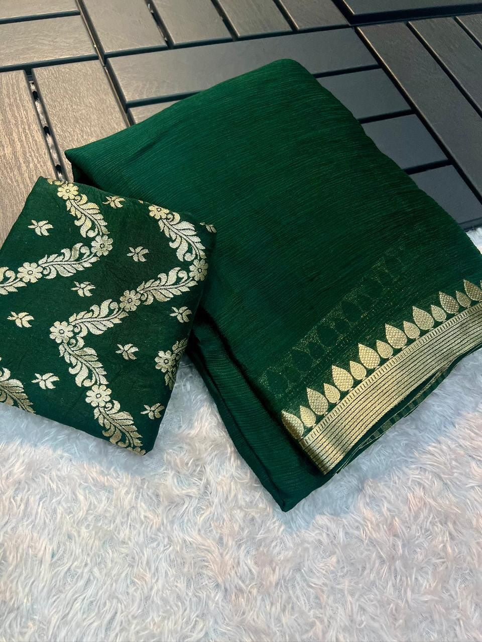 CHINON CHIFFON ZARI WEAVING BORDER SAREES WITH SELF BROCADE BLOUSE