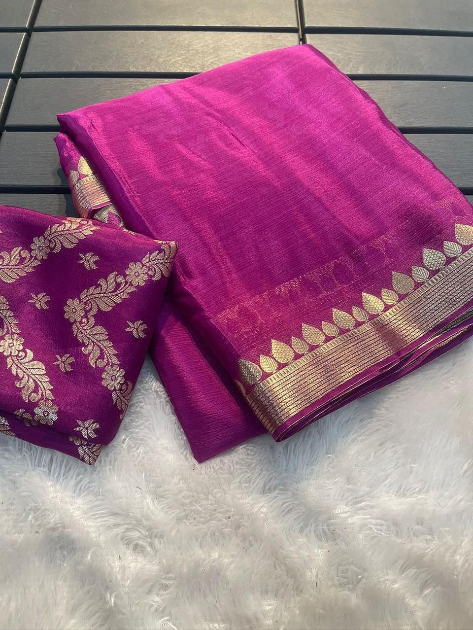CHINON CHIFFON ZARI WEAVING BORDER SAREES WITH SELF BROCADE BLOUSE