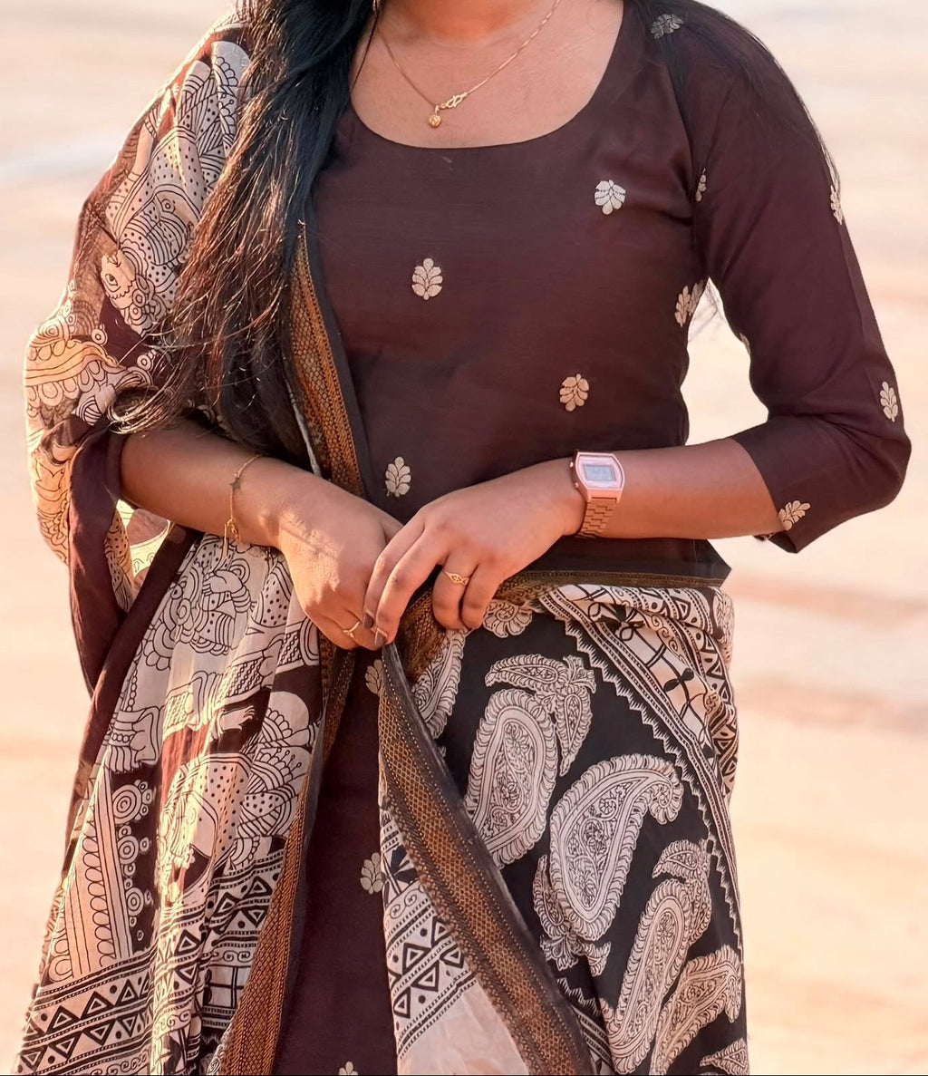 BROWN CHENNURI SILK WITH TOP AND DUPATTA