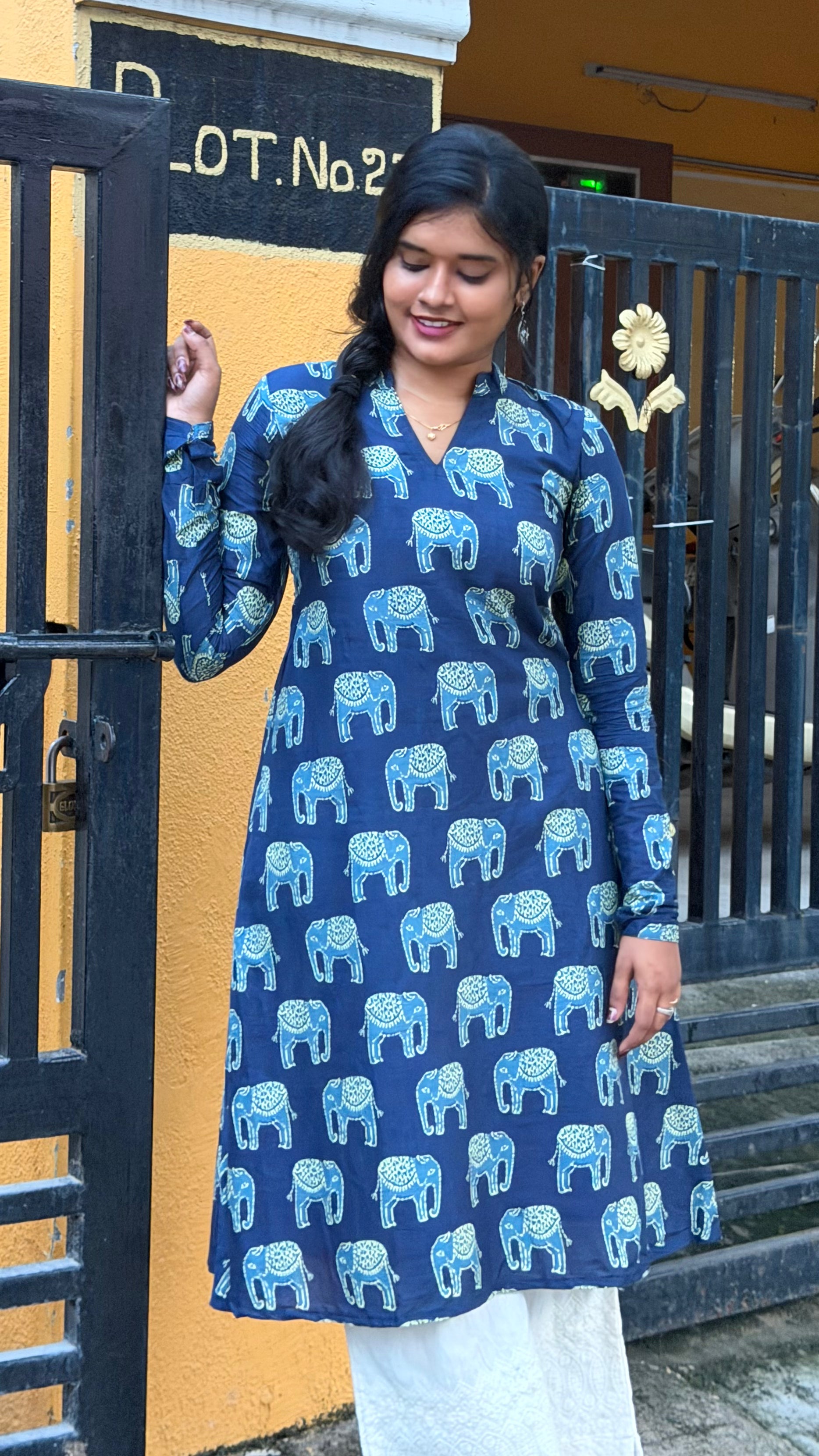 Neelika - Blue Elephant Print Jaipur Cotton A-Line Kurta