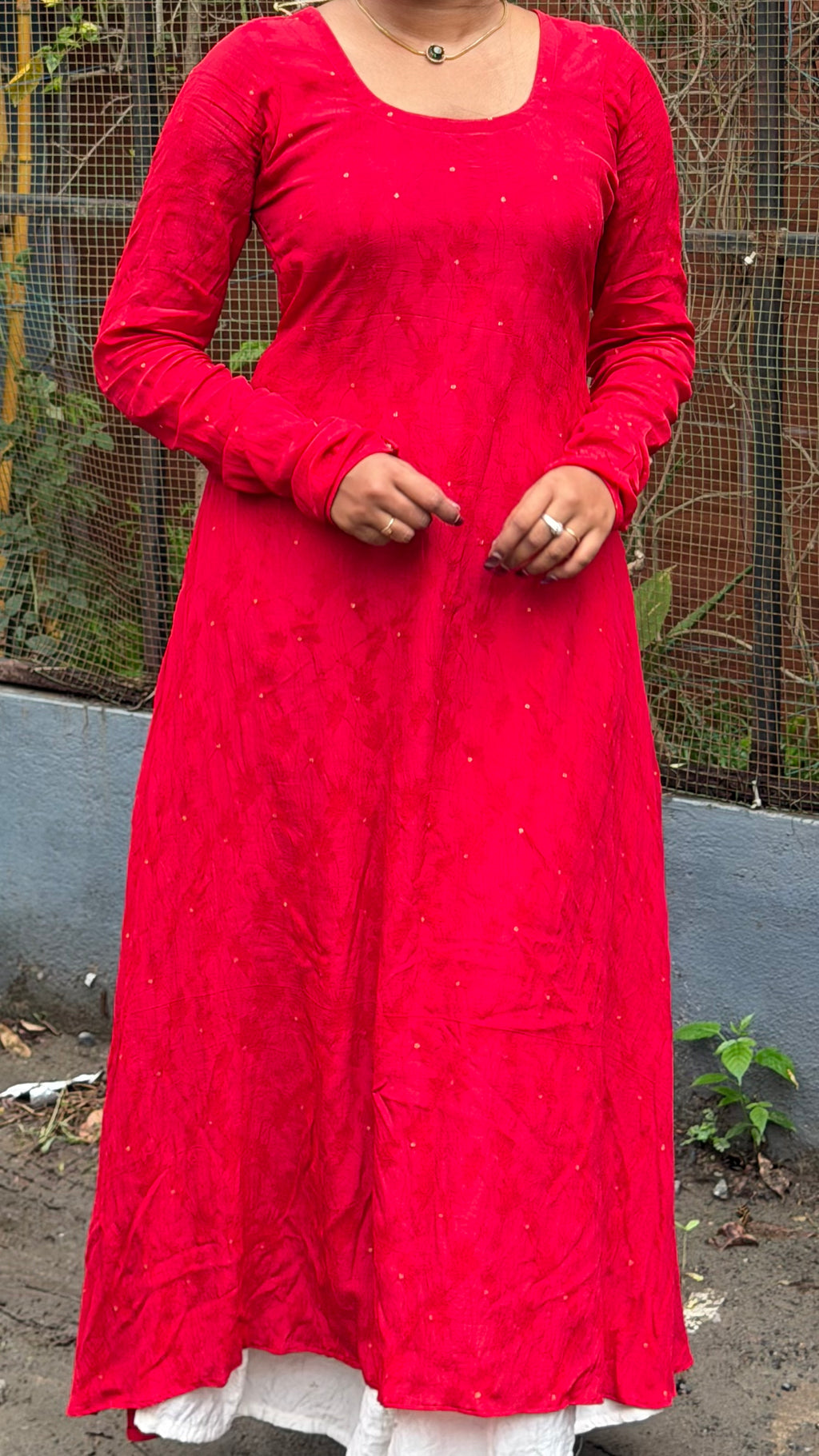 Anika - Red Natural Crepe with Jacquard Butti Anarkali