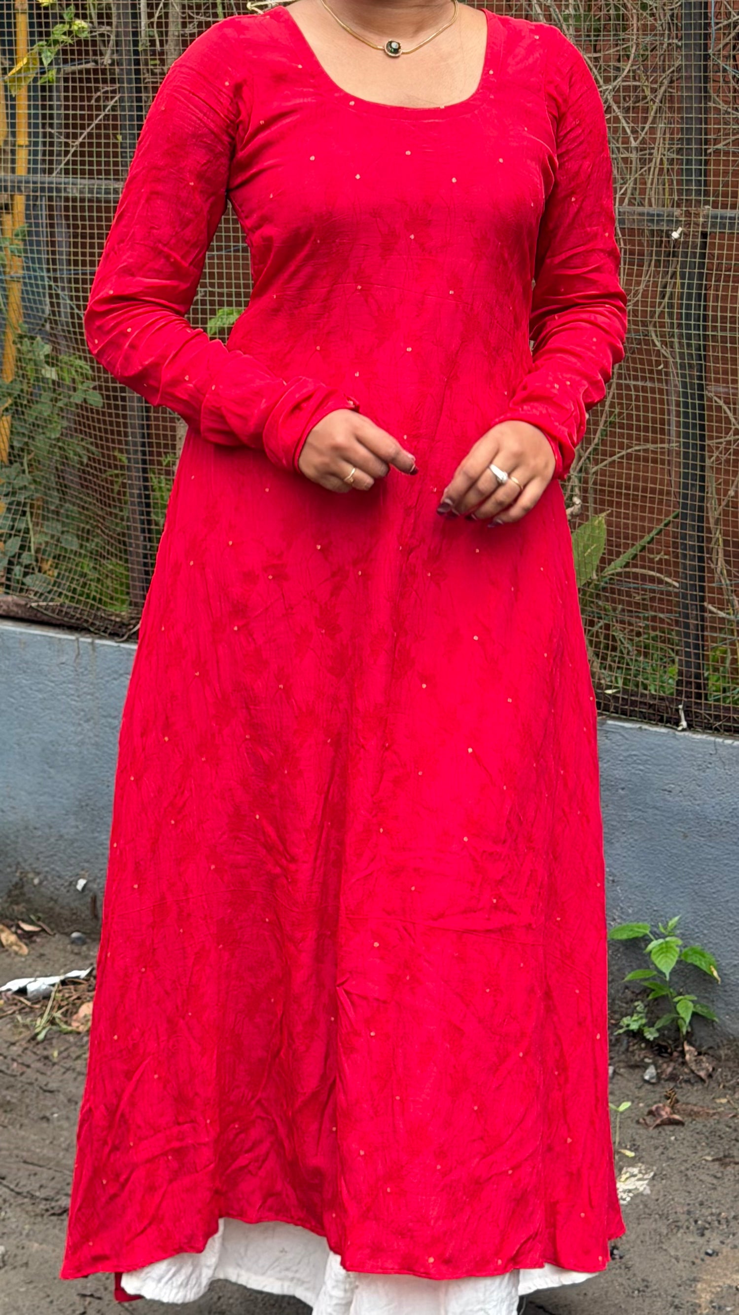 Anika - Red Natural Crepe with Jacquard Butti Anarkali