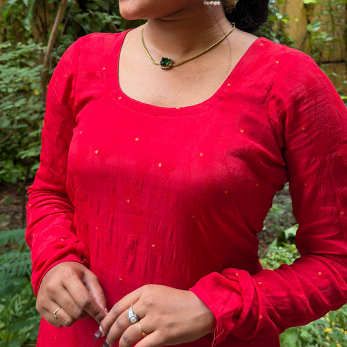 Anika - Red Natural Crepe with Jacquard Butti Anarkali