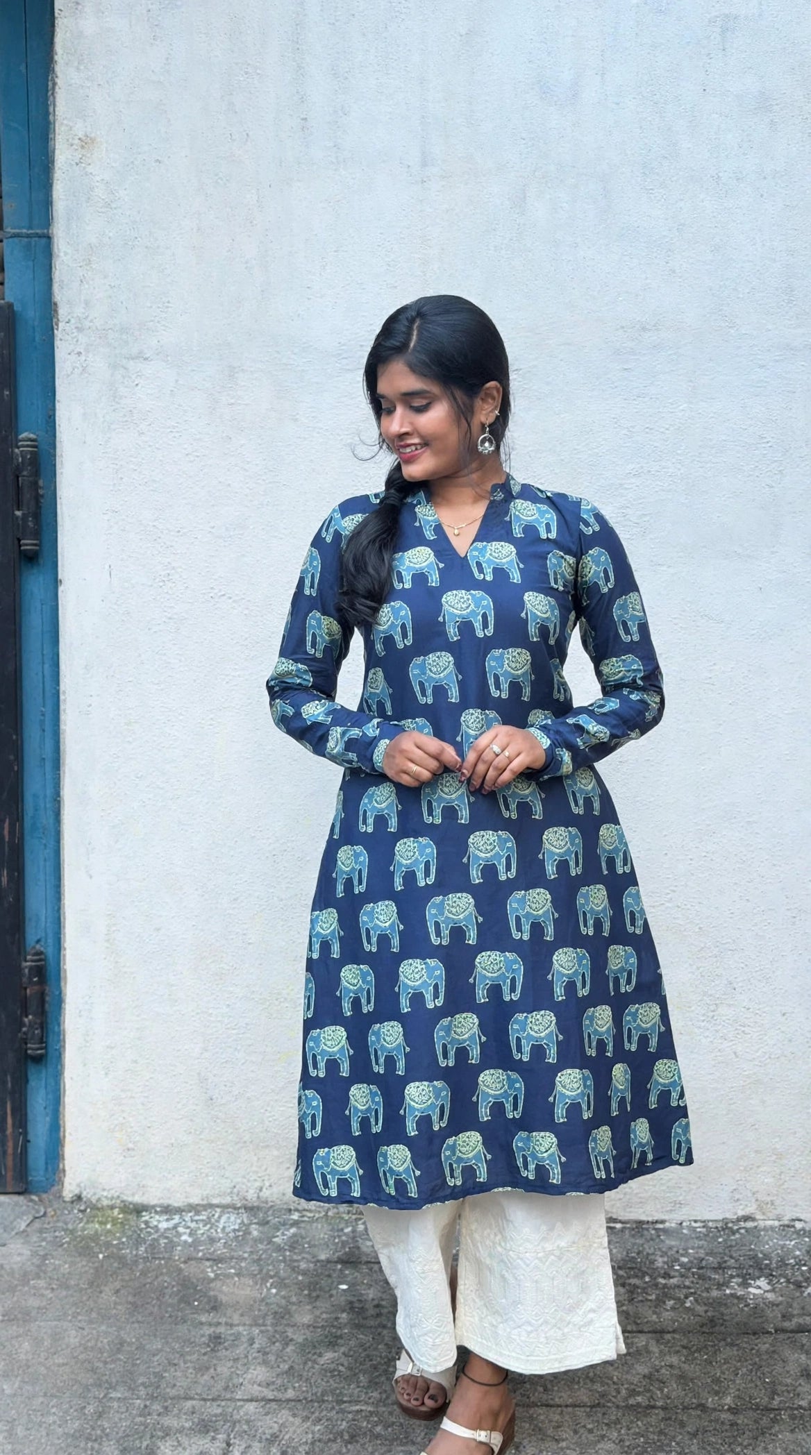 Neelika - Blue Elephant Print Jaipur Cotton A-Line Kurta
