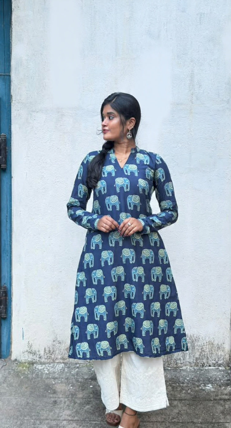 Neelika - Blue Elephant Print Jaipur Cotton A-Line Kurta
