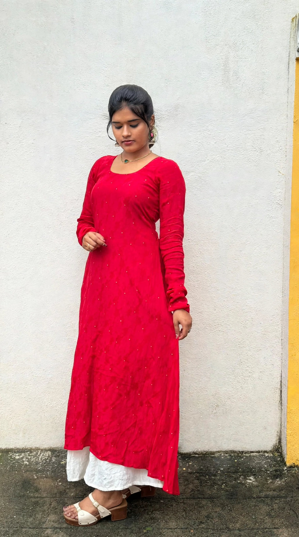Anika - Red Natural Crepe with Jacquard Butti Anarkali