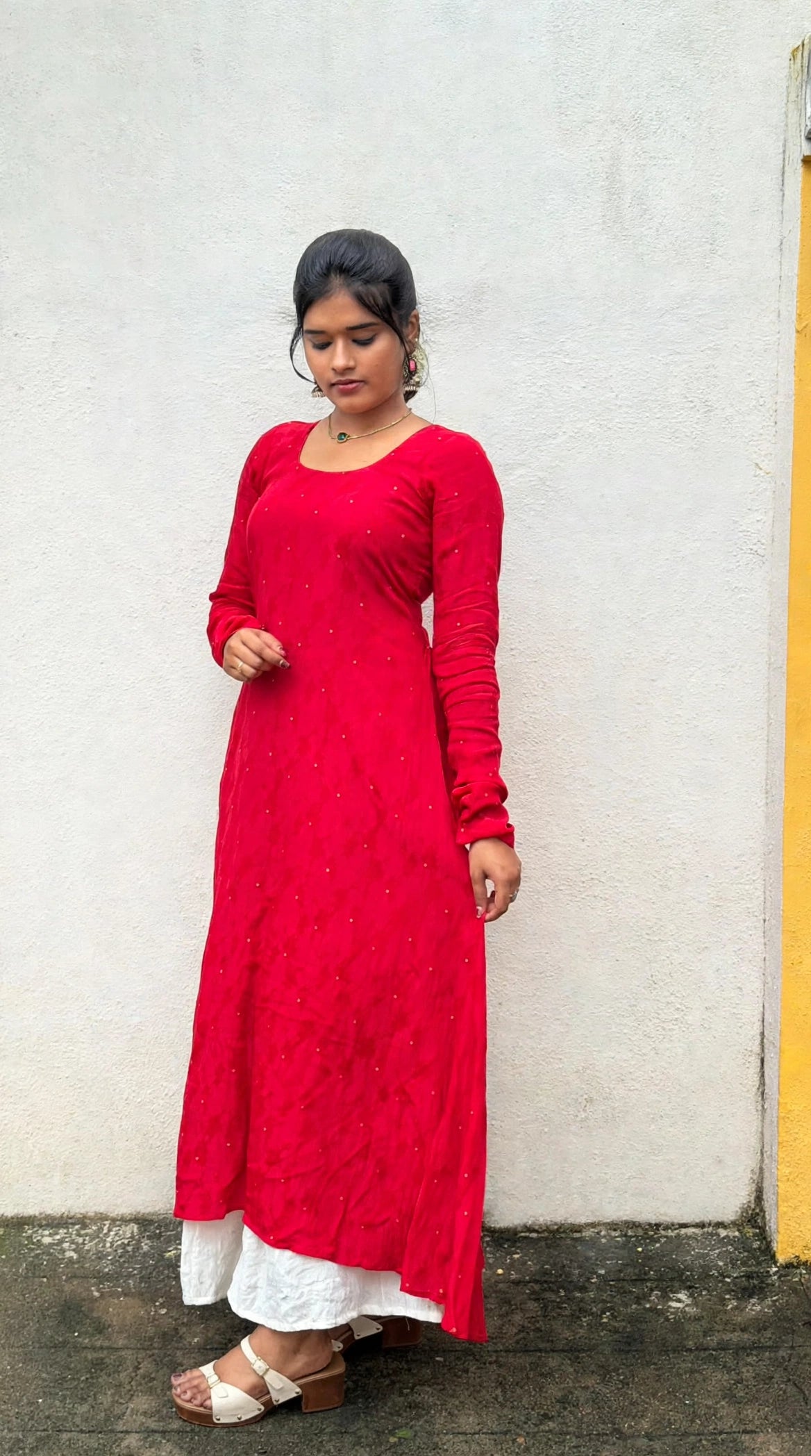 Anika - Red Natural Crepe with Jacquard Butti Anarkali